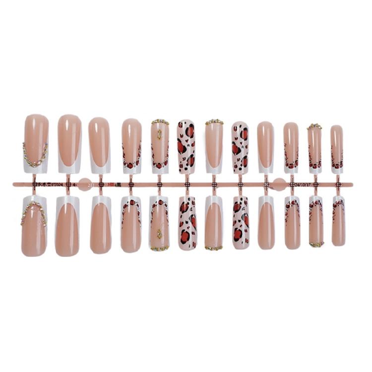 24Pcs Long Square False Nail Glossy White French Tip Full Covers Leopard Press on Nail Manicure For Any Occasion