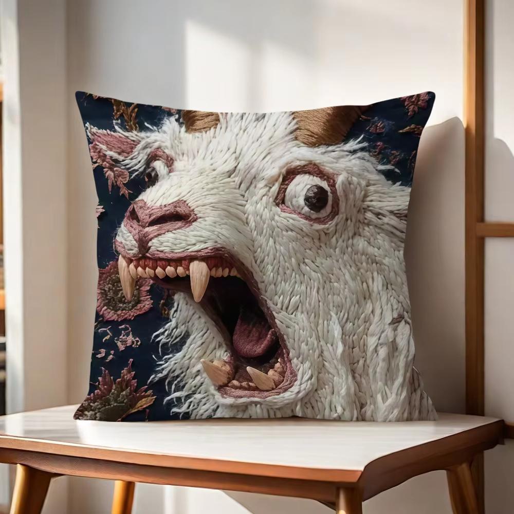 Soft Goat Face Cushion Cover, 2D Spooky Print With Nordic Design For Multi-Scene Home Office Car Decor
