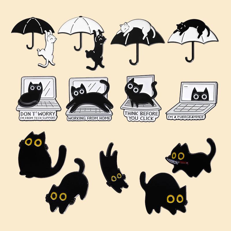 Cartoon Black Kitten Brooch Set: Cute Animal Accessory Collection
