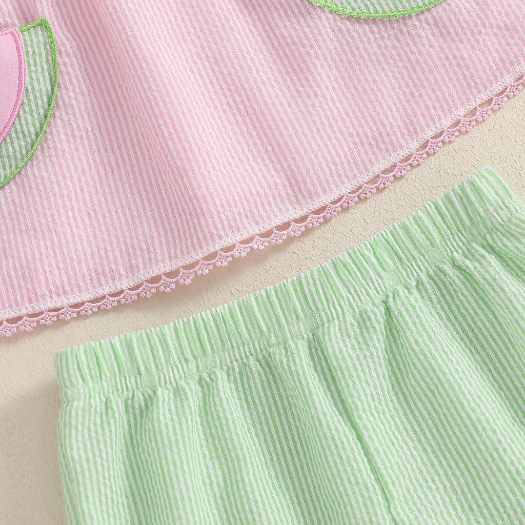 Baby Girl Summer Clothes Stripe Print Flying Sleeve Square Neck Tank Tops Ruffled Shorts Outfit