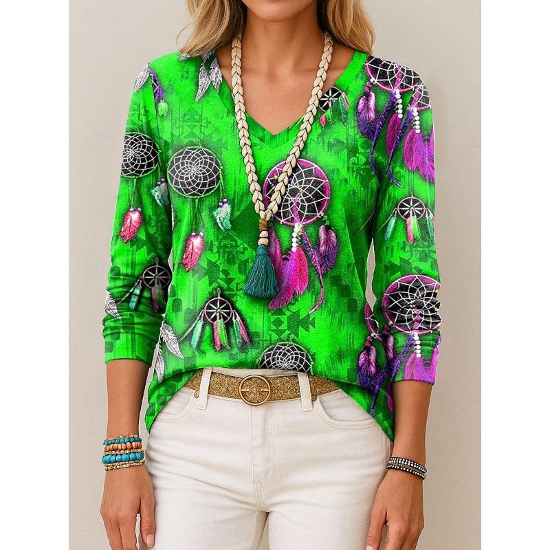 T-shirt da Donna 2025 Grafica Etnica Piuma Elegante Moda Magliette Manica Lunga T-shirt Scollo a V Top Regolari Pullover Autunno Inverno