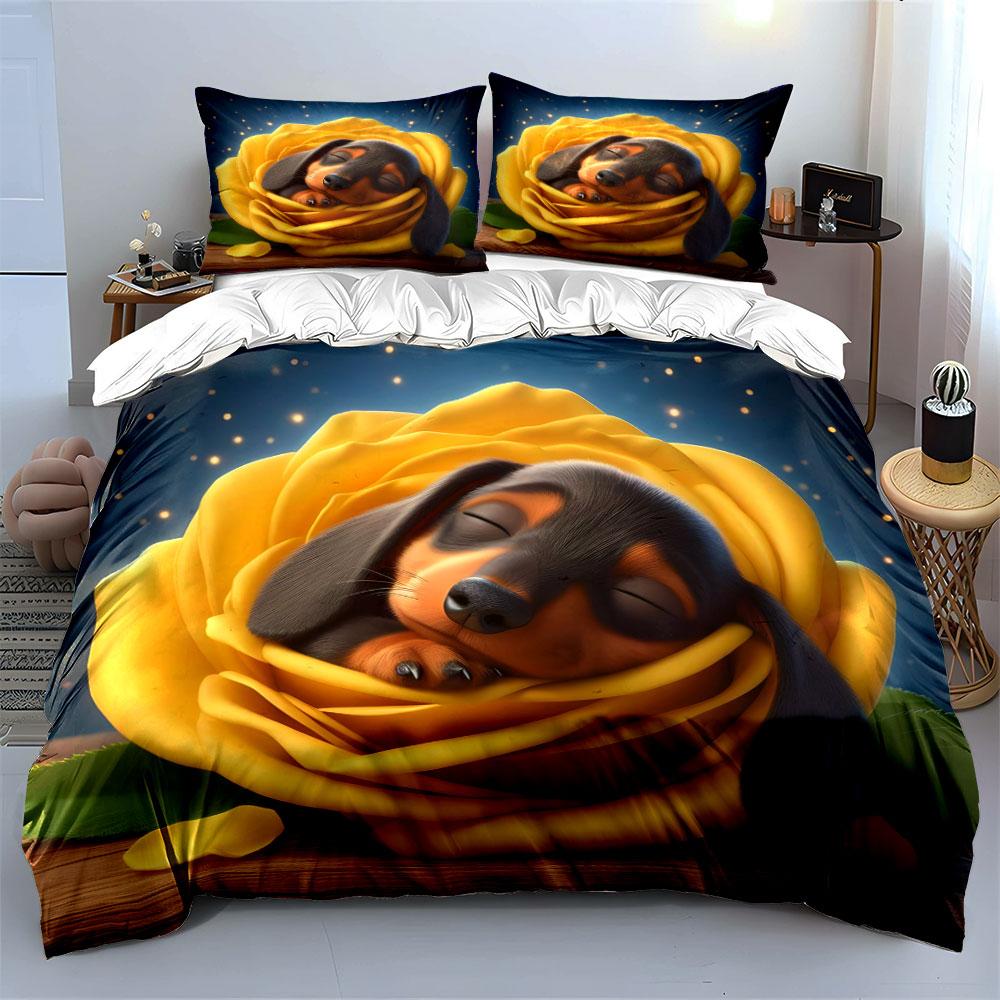 Dachshund sleeping among flowers Print Bedding Set 1 Duvet Cover 2 Pillowcases for Adult and Children Luxury Gift Full Size