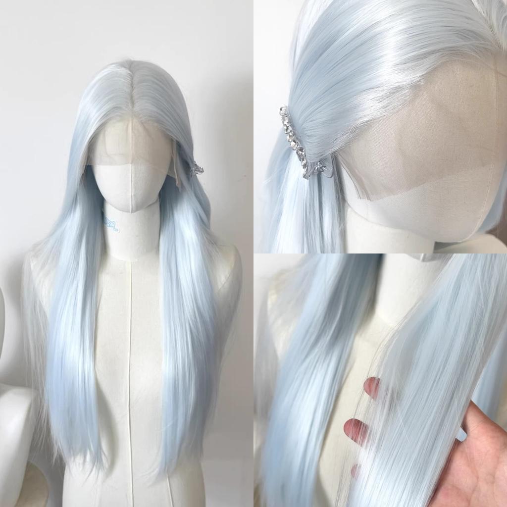 Weiß-Blaue Spitze Front Perücke für Damen 13x4 HD 26 Zoll Langes Gerades Haar Perücke Synthetische Spitze Perücken Spitze Front Frontal für Cosplay