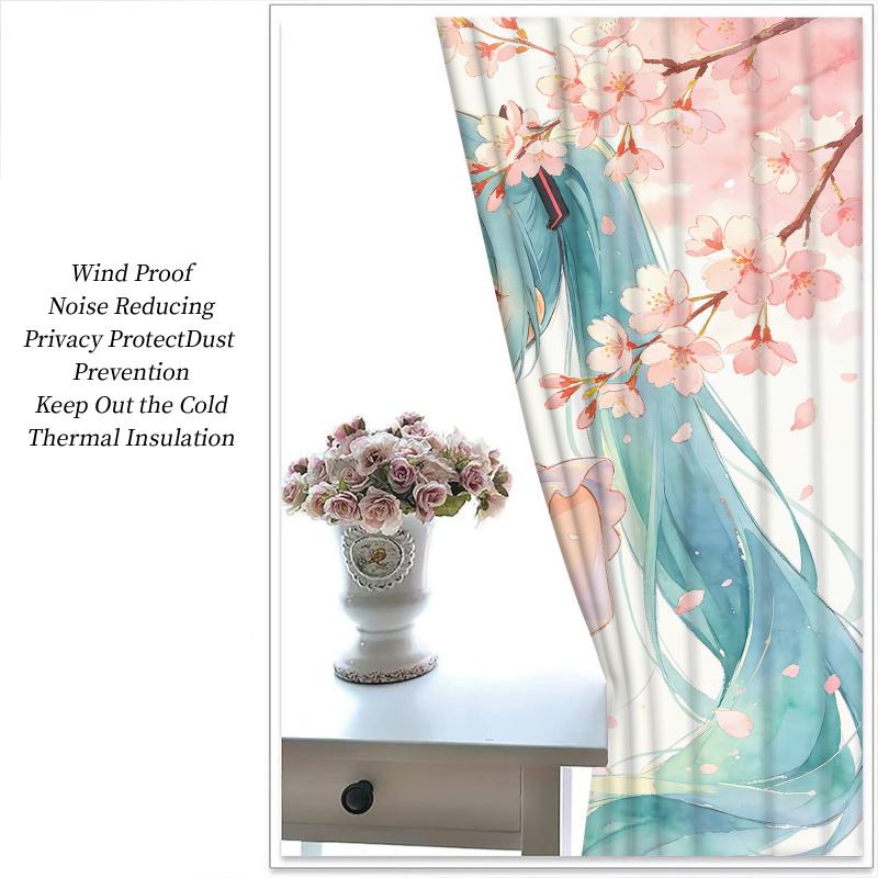 2Pcs Hatsune Miku Sakura Cherry Blossom Blackout Curtains Anime Watercolor Window Drapes Fan Room Esport Room Trendy Decor Gift