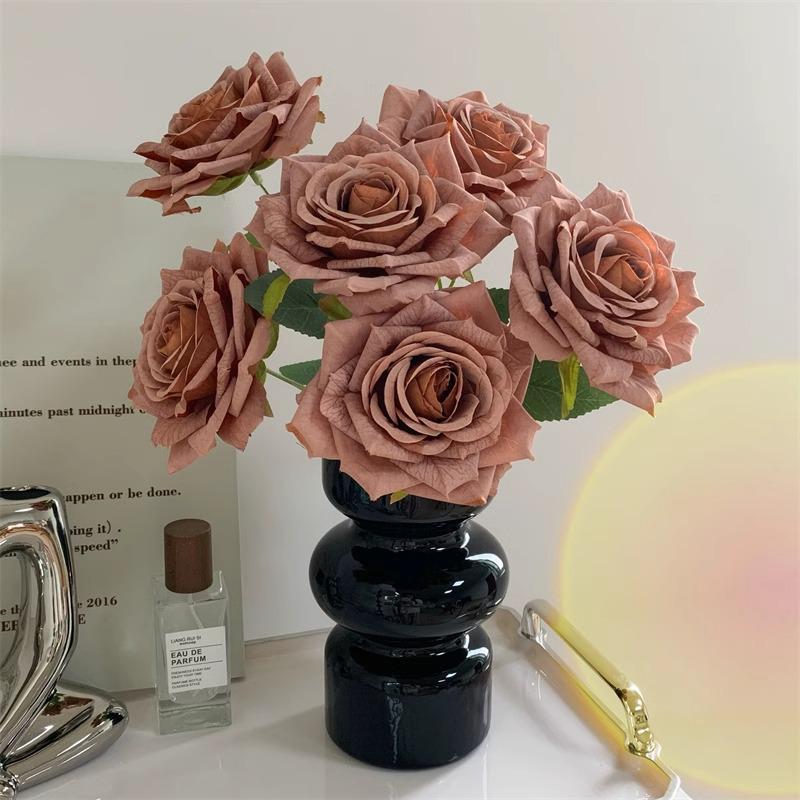 7-Head Embossed Cappuccino Rose Bouquet: Artificial Wedding Car Decoration with High-End Feel