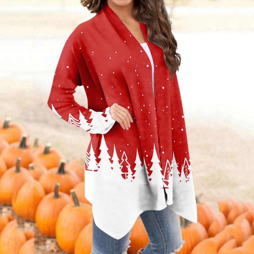 Women's Fashion Casual Christmas Print Mid Length Slim Fit Cardigan Coat