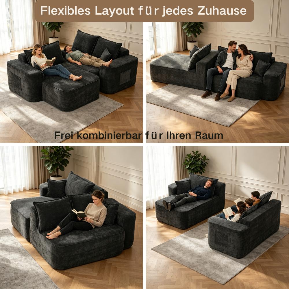 L-Shape Corner Sofa, Cloud Sofa, 264cm (104") with Chaise Longue, XXL Deep Seat, No Assembly Required, Modular Sofa in Black Chenille for Living Room