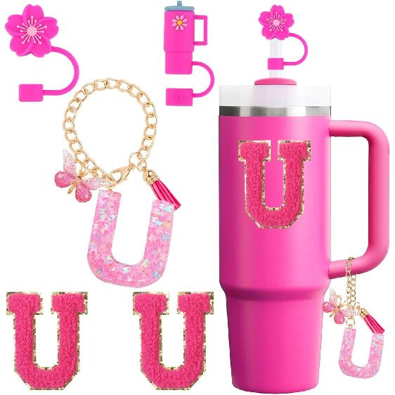 Cup Accessories Set for Stanley Cup 30oz 40oz tumbler with handle, Including Silicone Straw Topper Cover Cap, Handle Charm, Initials Sticker Fuchsia