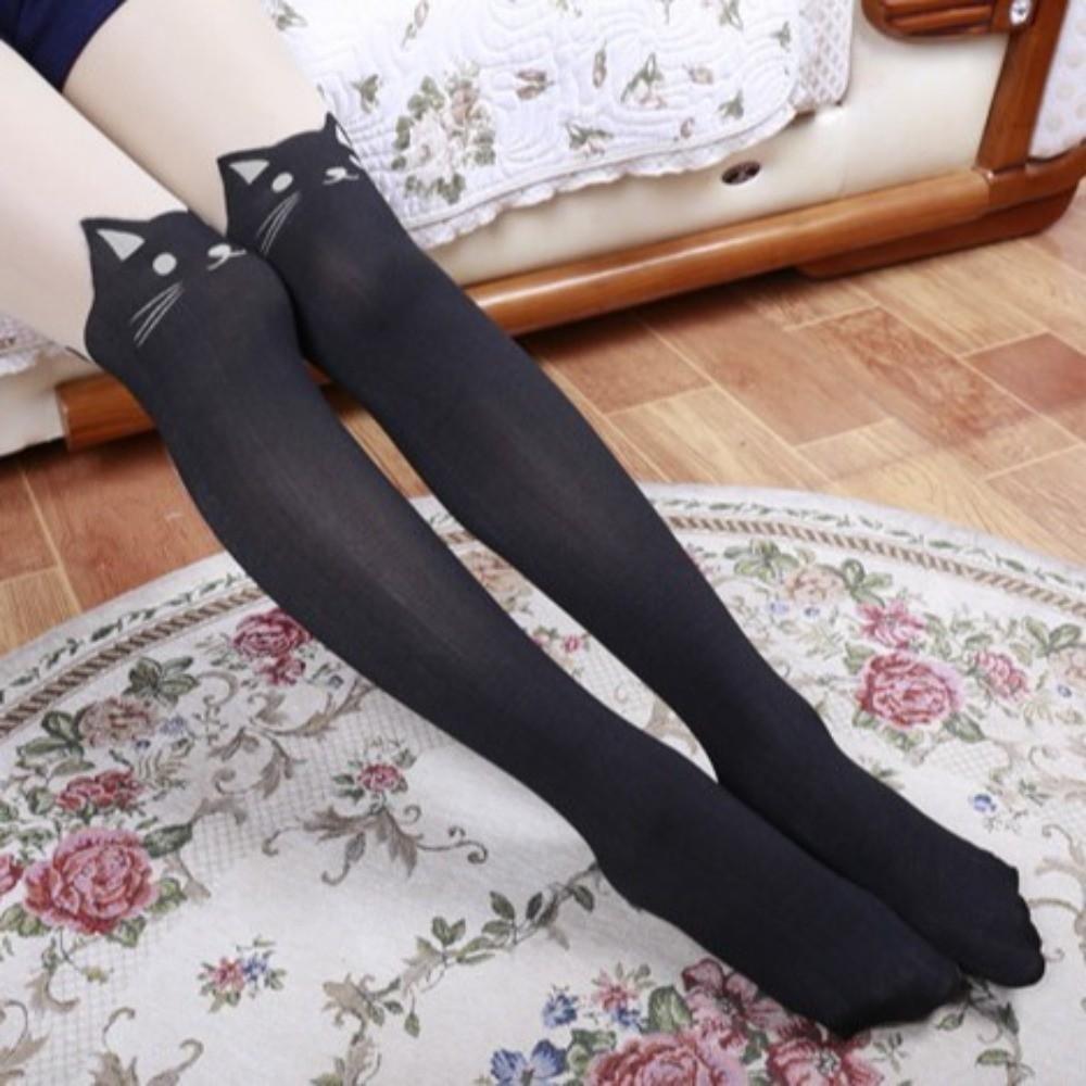 Fashion Silk Cat Printed Socks Cute Romantic Thigh Socks Cartoon Thin Over Knee Socks Women