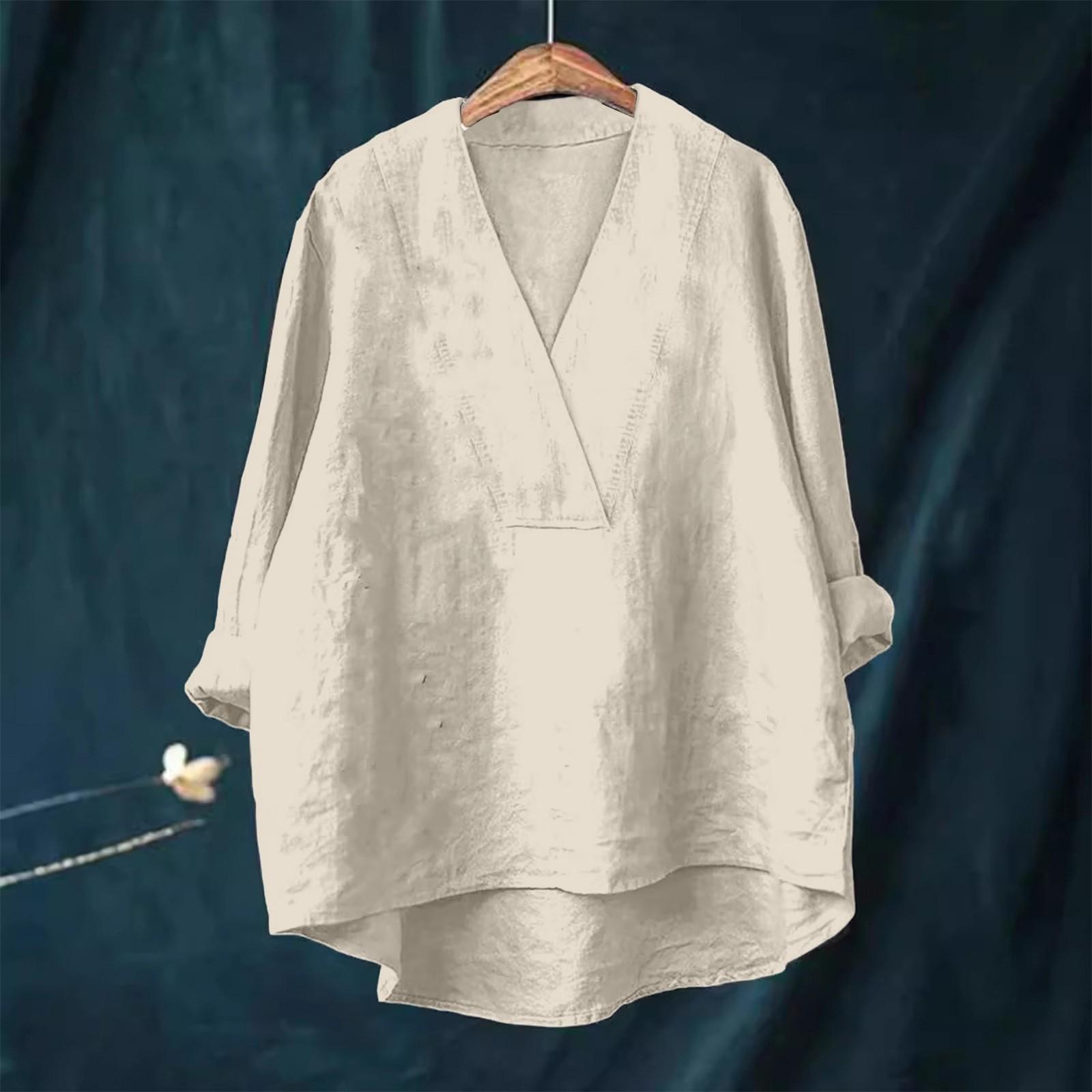 

Women s Fashionable And Casual Solid Color Long-sleeved Cotton And Linen Shirt Top L