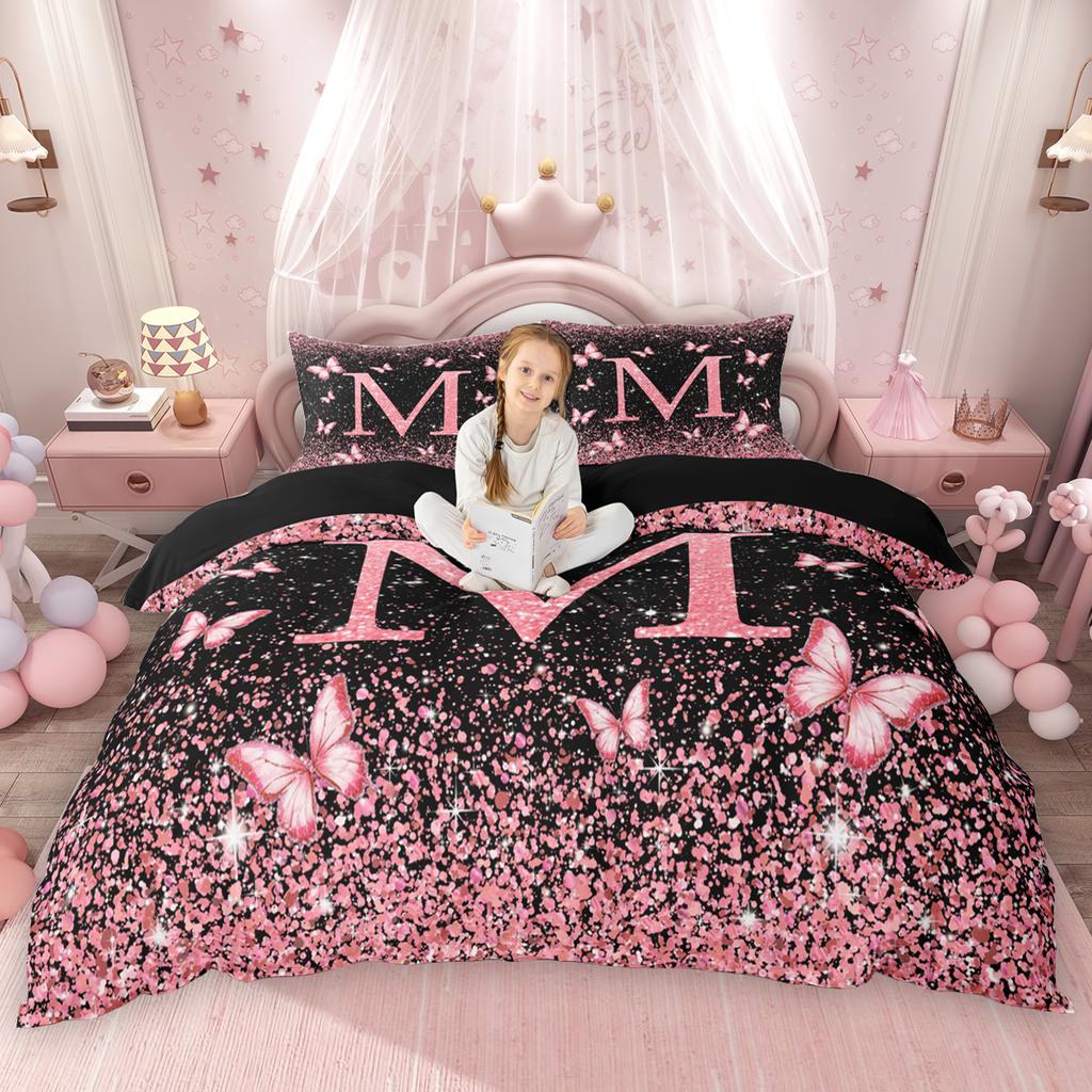 Homewish Initial Monogrammed Duvet Cover Set Black Pink Comforter Cover Set For Girls Butterfly Glitter Print Bed Set