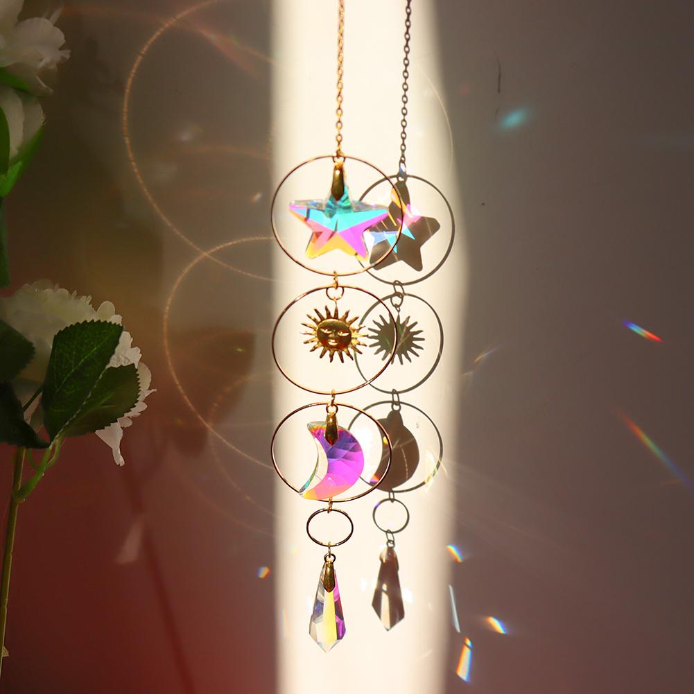 Home Decor Crystal Wind Chime Pendant Hanging Curtain Crystal Sun Catcher Rainbow Star Moon Family Wedding  Window Pendant Craft