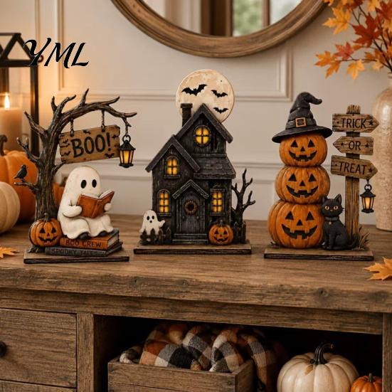 Cute Pumpkin Witch Hat 3Pcs Halloween Wooden Decorations, Fall Tabletop Ornaments with Ghost Black Cat Indoor Desktop Elements, Retro Wood Figurines