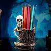 Funny Halloween Skull Pen Holder Scary Skeleton Statue Ornament  Home Desktop Decoration