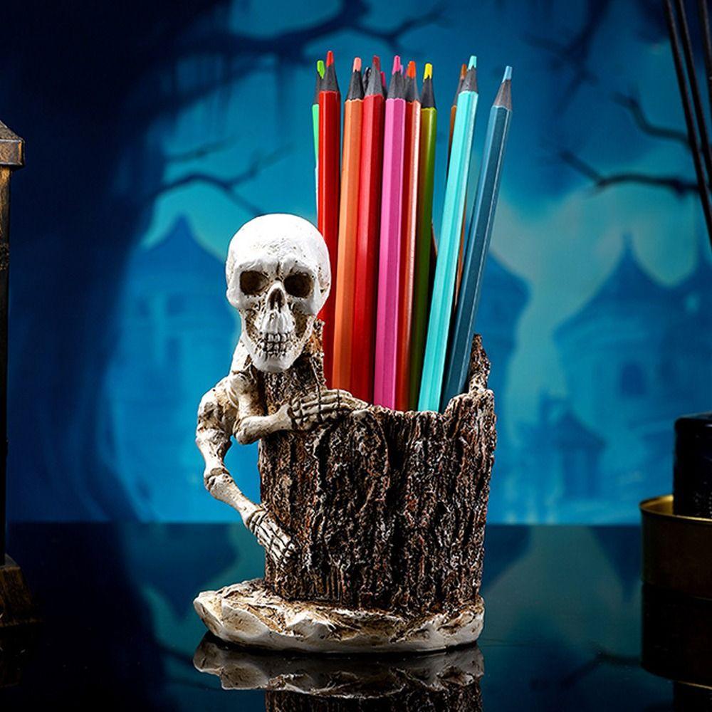 Funny Halloween Skull Pen Holder Scary Skeleton Statue Ornament Home Desktop Decoration