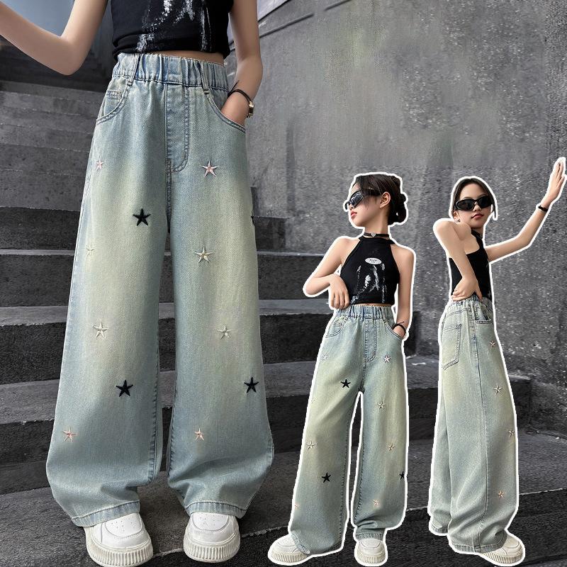 Printemps Automne Filles Jeans Broderie Étoile à Cinq Branches Pantalon Ample pour Années Adolescentes Filles Denim Élégant Pantalon Jambe Large