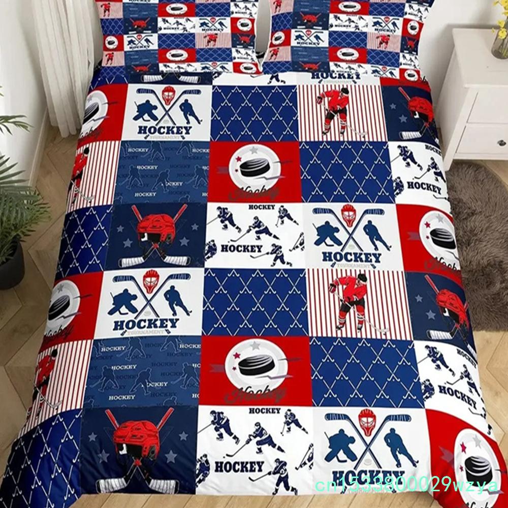 Ice Hockey Duvet Cover Set Full Queen Size Geometric Check Patchwork Stylish Bedding Set Athlete Winter Sports Comforter Covers
