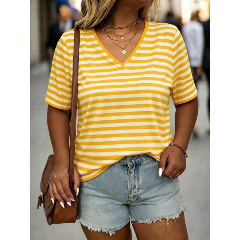 Womens V-Neck Short Sleeve Loose Fit T-Shirt With Floral Lake Scene Cartoon Bun Girl Print 2025 Casual Top