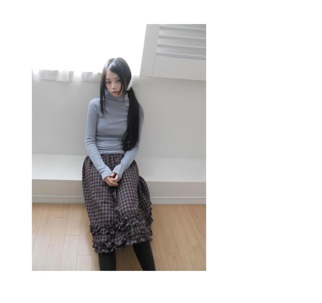 Korean Retro Plaid Ruffle Midi Skirt with Elastic Waist - Women's New Arrival