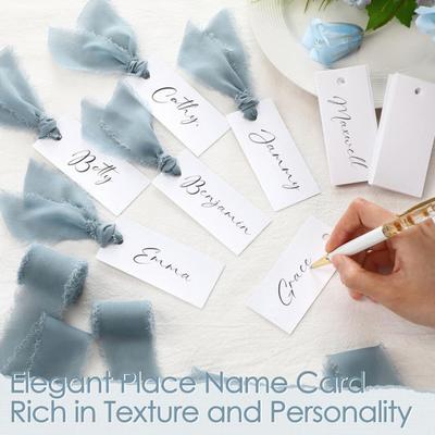 Handwritten Business Cards 50 Sheets Blank Textured Paper Cards with Chiffon Ribbon Wedding Invitations Table Name Tags for Party Banquet Office Decor
