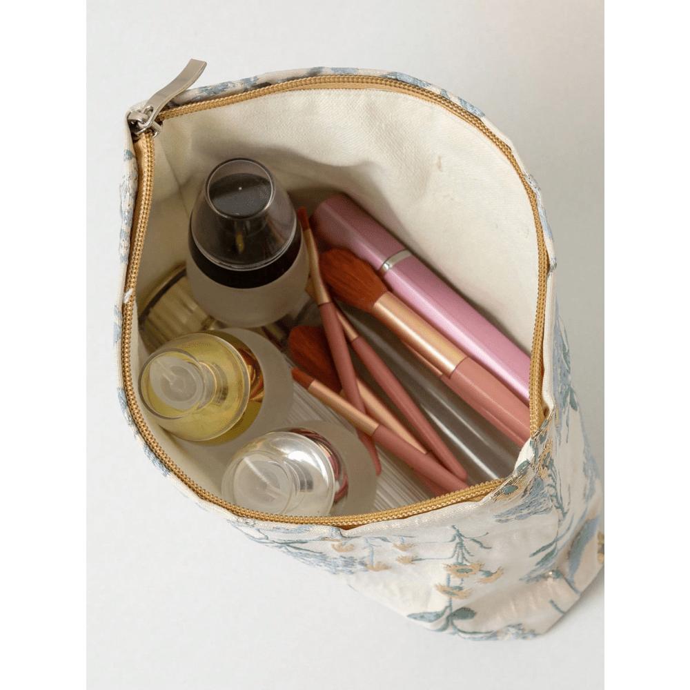 Blaues Blumenmuster Damen Große Kapazität Kosmetiktasche, Tragbare Toilettenartikel-Aufbewahrungstasche für Reisen, Schulbedarf, Reiseutensilien, Kosmetiktasche