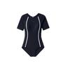 Slim Waist Series Striped Round Neck Short Sleeve One-Piece Swimsuit Women Swimsuit Black 1823531444-1