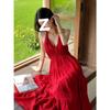 Fabric, New High-waisted Vacation Temperament Halter Solid Color Summer Straps Red Dress