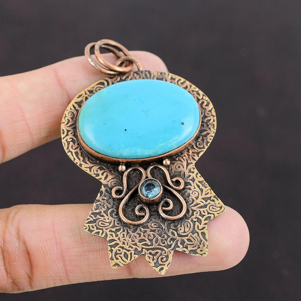 Arizona Turquoise Gemstone Pendant Swiss Blue Topaz Pendant Copper Pendant Handmade Dainty Pendant Unique Copper Design Jewelry Gift For Her