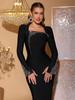 Rochie Bandaj Midi cu Mânecă Lungă, Decolteu Pătrat, Finisaj cu Strălucitoare, Croială Slim Fit, pentru Femei, 2025