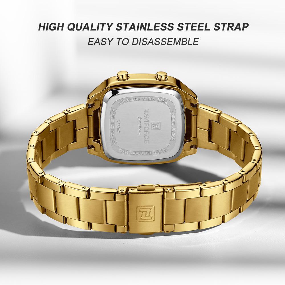 NAVIFORCE Women Digital Waterproof Watch Casual Sport Multifunction Stopwatch Gold Square Luminous Date Dial Stainless Steel Strap NF5047