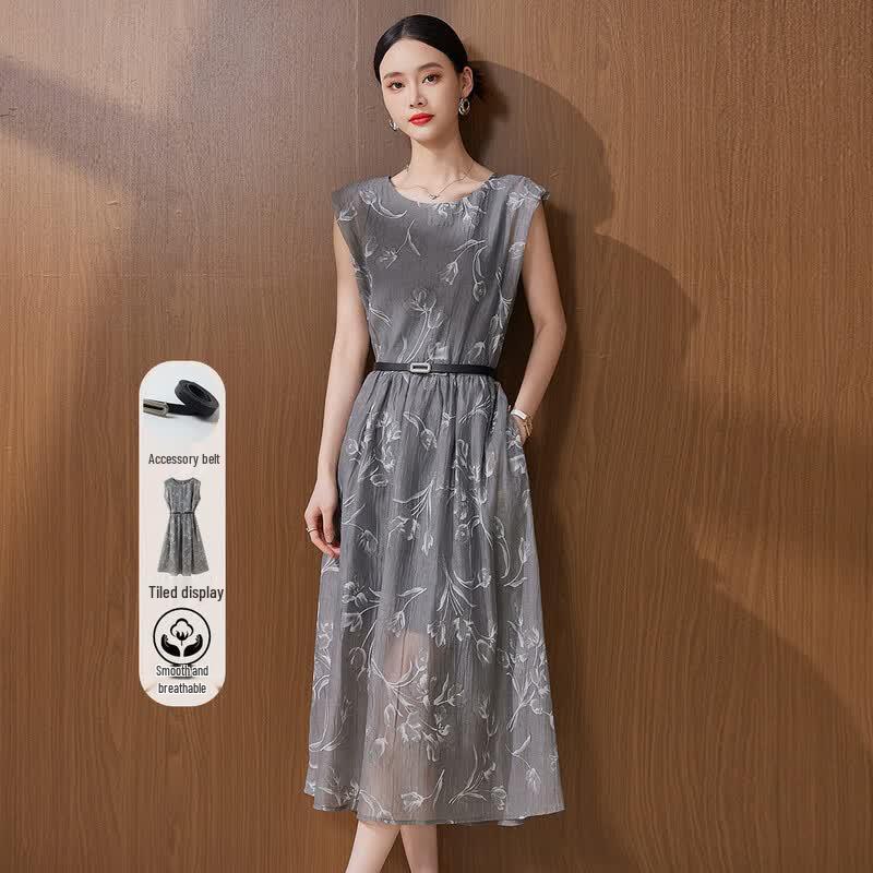 Women s Summer Floral A-Line Midi Dress L серый