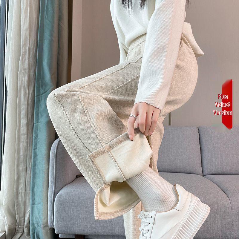 2026 Autumn/Winter Women's High-Waisted Herringbone Wide-Leg Pants with Plus Velvet and Slit, Slim Straight-Leg Design