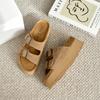 Fashion 2024 Summer Women's Platform Cork Slippers Cow Suede Leather Two Buckle Flats Sandals For Women Retro Garden Mule Clog Slides