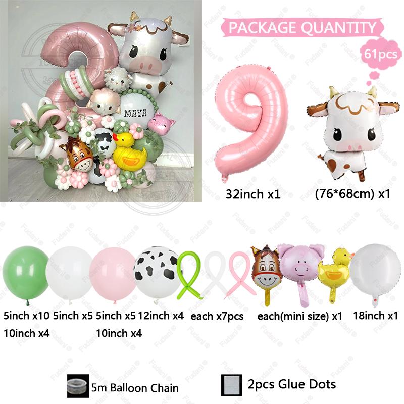 61pcs Farm Animal Balloon Cow Balloon Column 32inch 1-9th Kids Farm Animal Birthday Party Decoration Supplies Kids Favorite