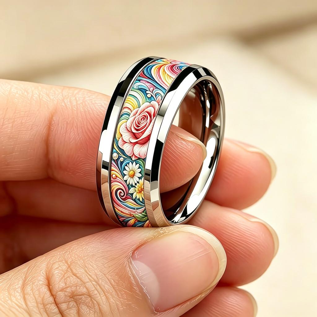 Boho Vintage Colorful Daisy Flower Inlaid Stainless Steel Rings For Women Men High Polished Bevel Edge Wedding Band Jewelry Gift