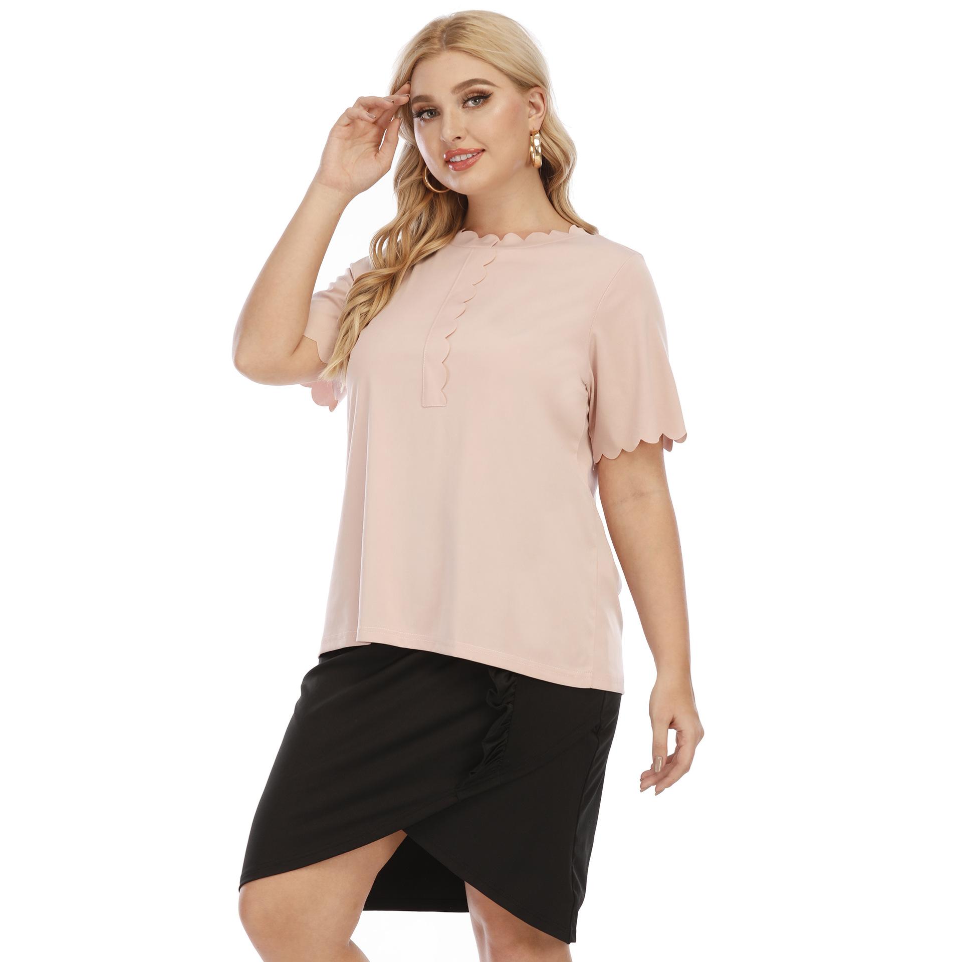 

Летние женские футболки, топы, большие размеры, простые футболки с волнистыми краями, топы с короткими рукавами 4XL розовый