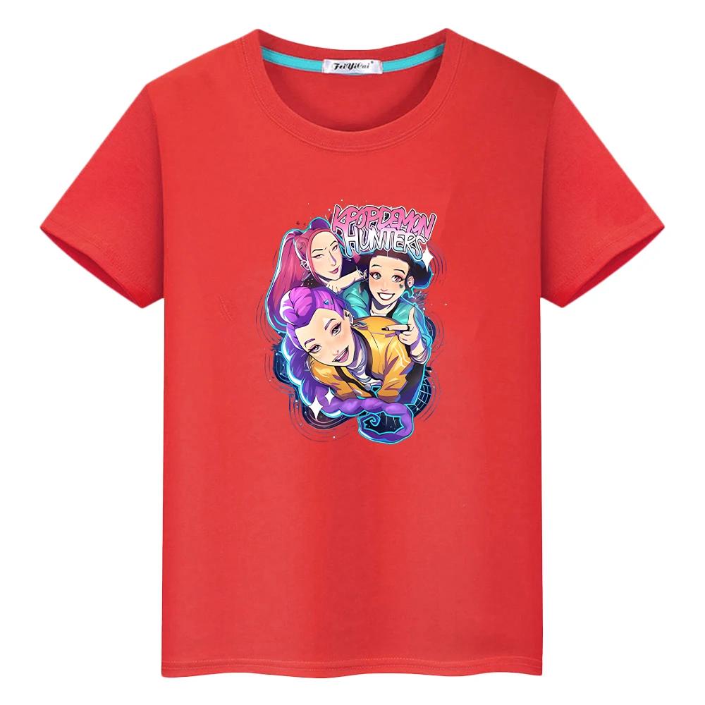 Kpop Demon Hunters Print 100%Cotton T Shirt for Kids Boy 10year Kawaii Tees Anime Tops Round Neck Short Sleeve Y2k Girls Clothes