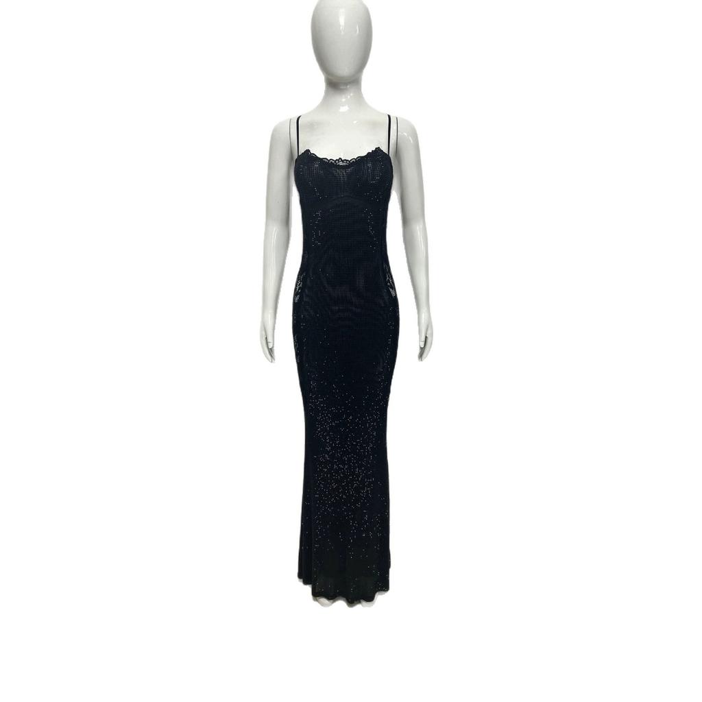 European and American Fashion Light Luxury Long Evening Dress Sexy Suspender Full Diamond Lace Slim Temperament