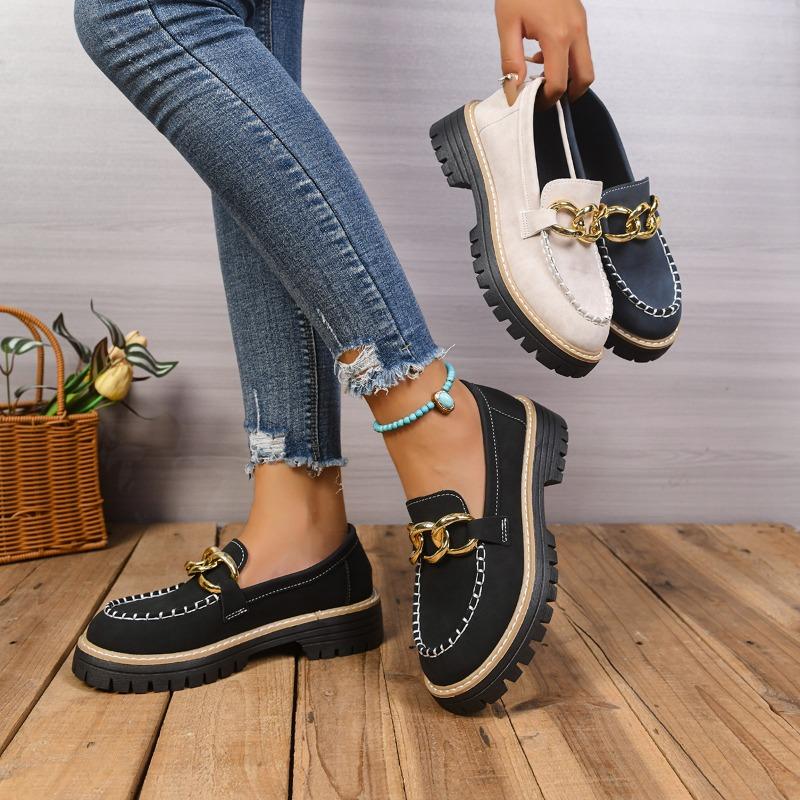 Women's Wide Width Metallic Buckle Loafers - British Style Chunky Heel Platform Flats for Fall, Casual Fashion Shoes