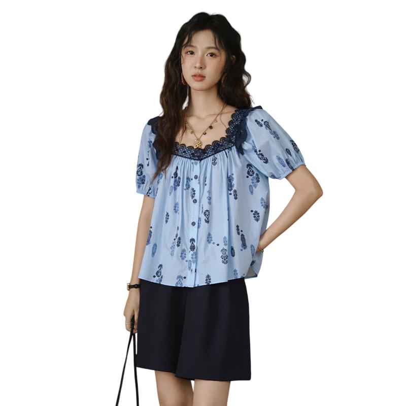 Mixiu Monet Blue Print Puff Sleeve Lace Cotton Blouse L
