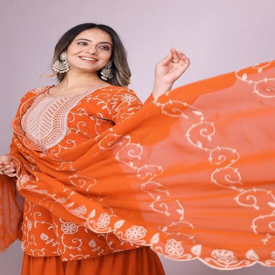 Rust Orange Embroidered Sharara Suit