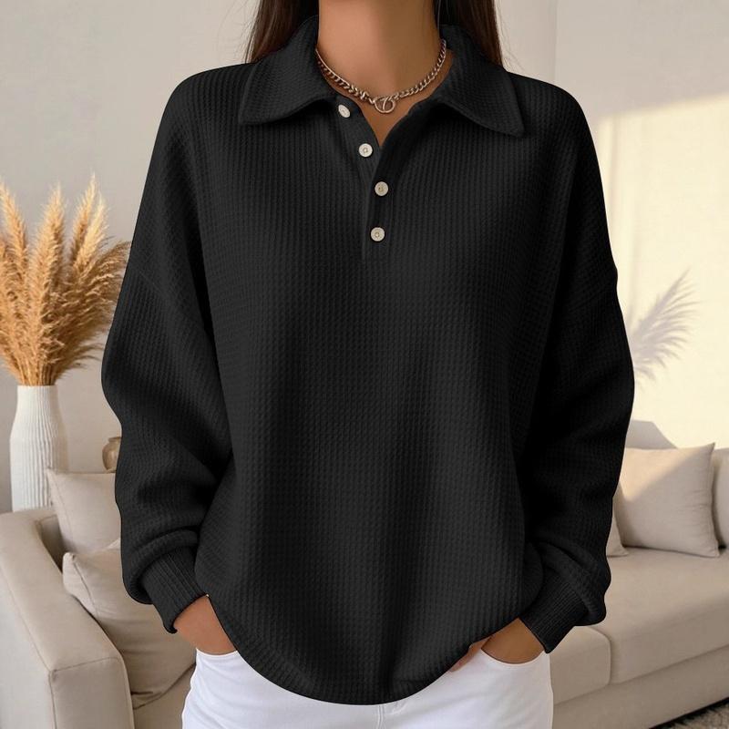 Women's Polo Collar Waffle Knit Long Sleeve Top Loose Fit Casual Pullover