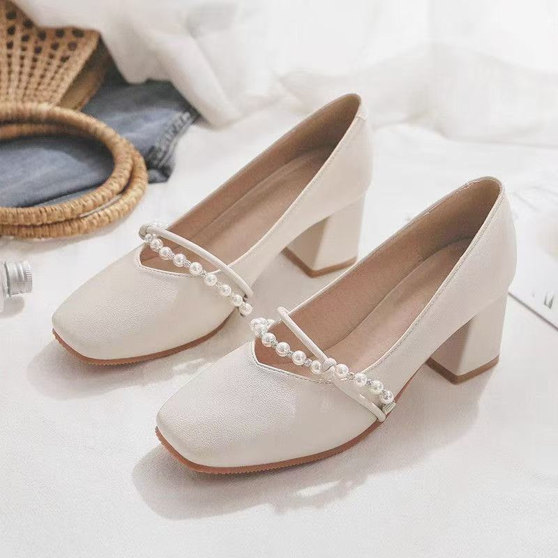 

Осень новый темперамент Мэри Джейн обувь жемчуг квадратный носок высокий каблук женские толстый каблук одинарная обувь 40