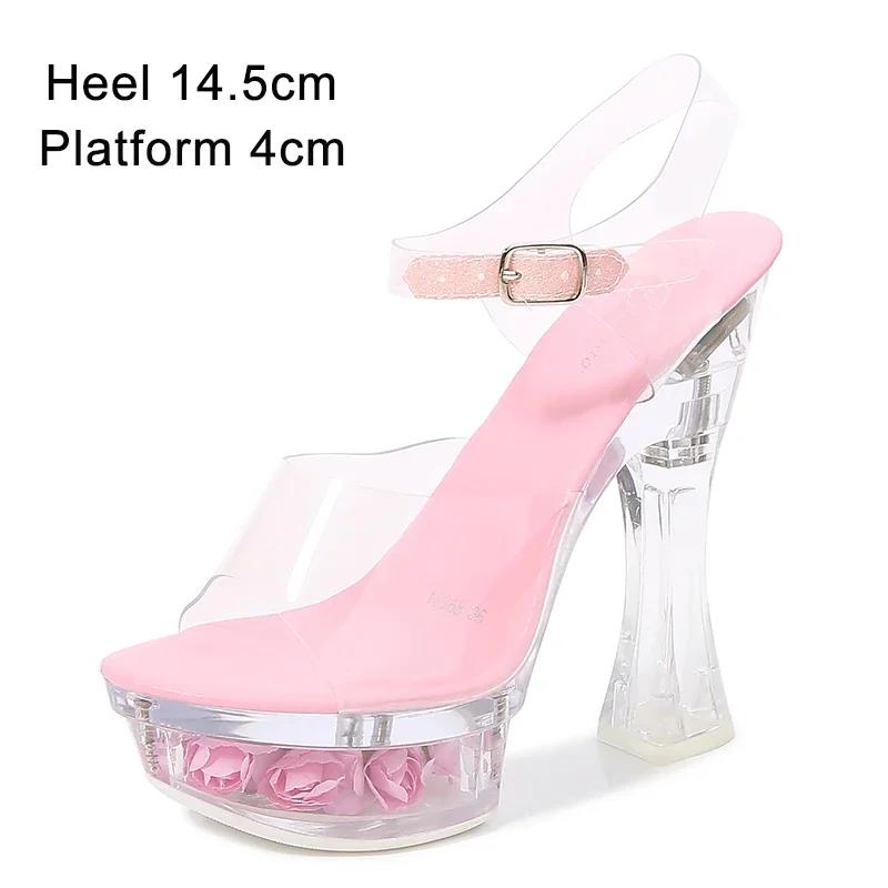 Fashion Designer Sandals Sandalias Women 2025 Summer New Flowers Transparent High Heels 14.5cm Platform Thick Heel Ladies Banquet Shoes