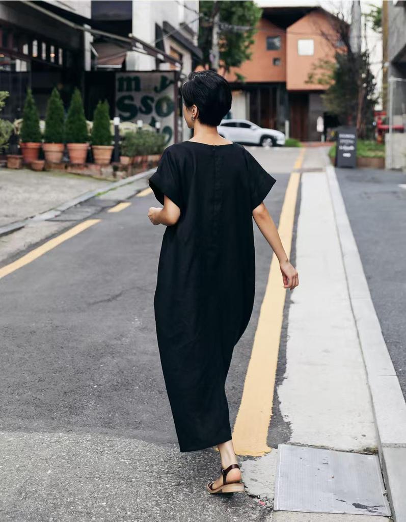 Japanese Retro Linen V-neck Dress with Big Pockets (2025 Collection)
