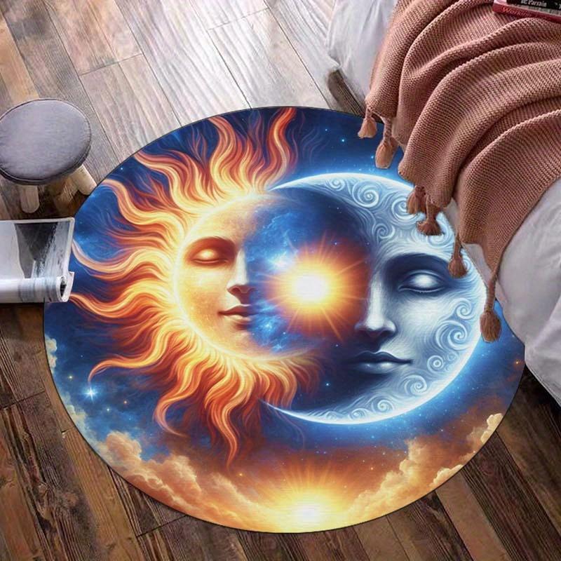 1pc Sun and Moon Face Print Round Rug - Machine Washable, Crystal Velvet Polyester for Living Room, Bedroom