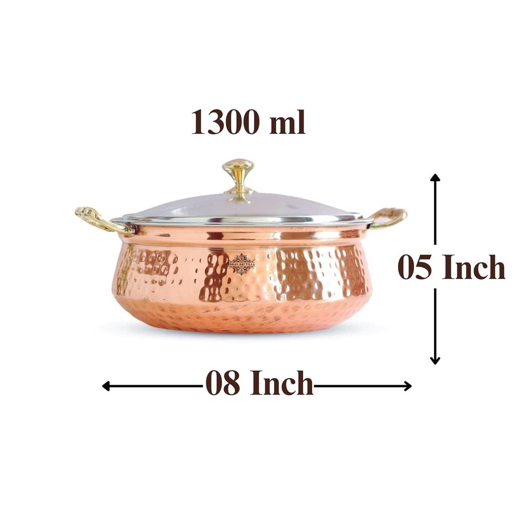 Steel Copper Hammered, Polished Design Handi/Casserole with Glass Lid and Brass Knob with H,Volume -1300 ML