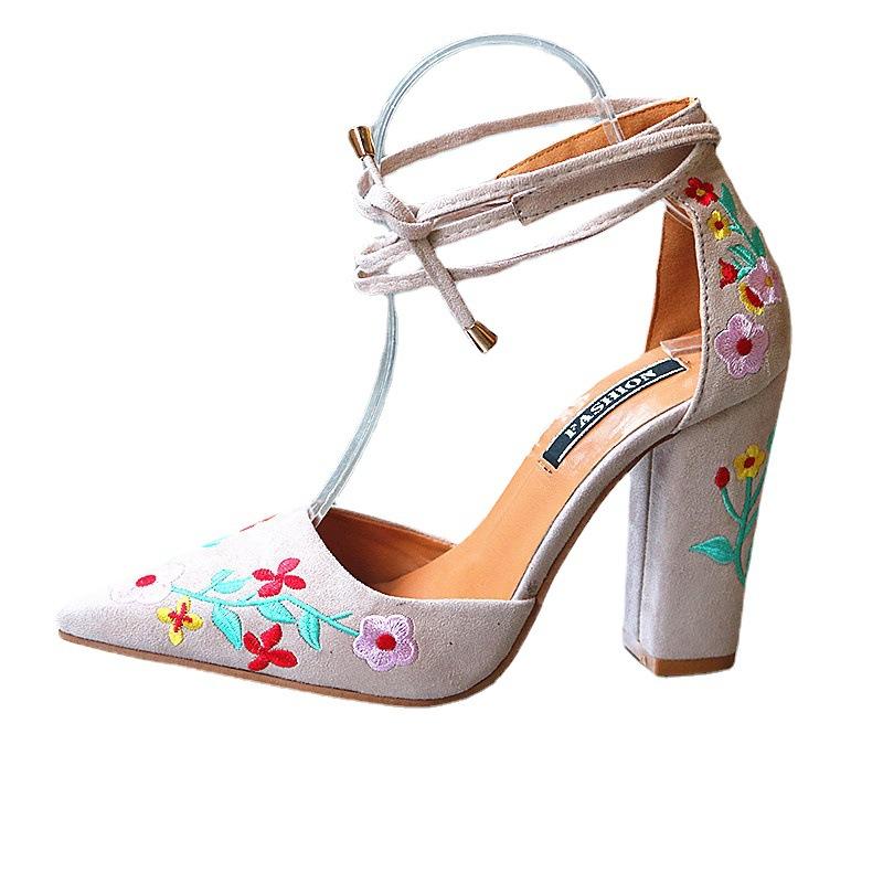 

trend Ladies High Heels Embroidery Flower Pumps Ankle Strap Female Pointed Toe Shoes Heel Sandal for Women Summer Footwear 43
