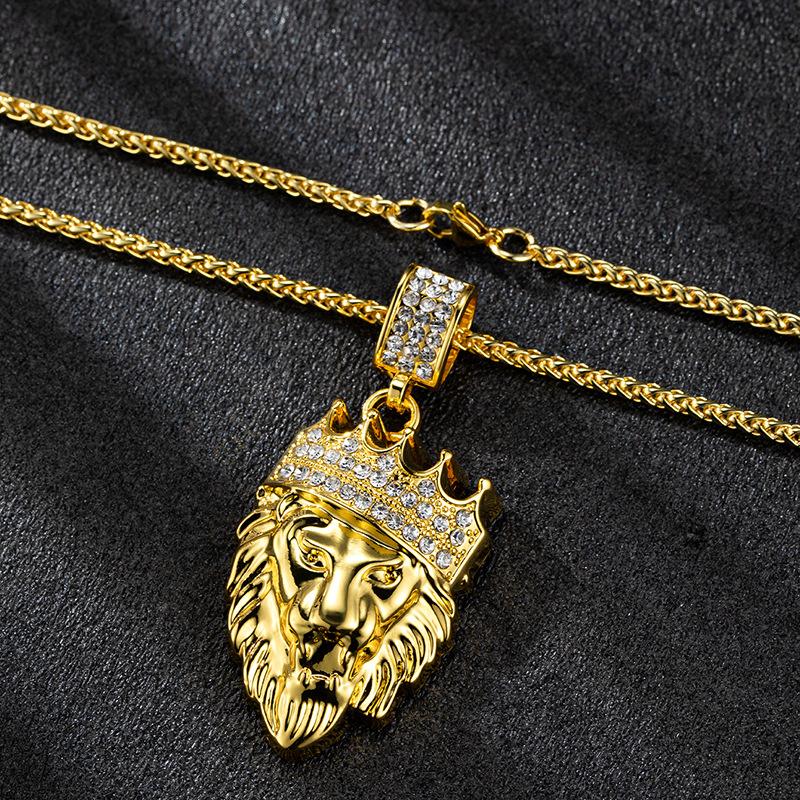 Hip Hop Necklace Accessories for Men and Women, Trendy Brand Accessories, Alloy Full Diamond Gold Lion Pendant