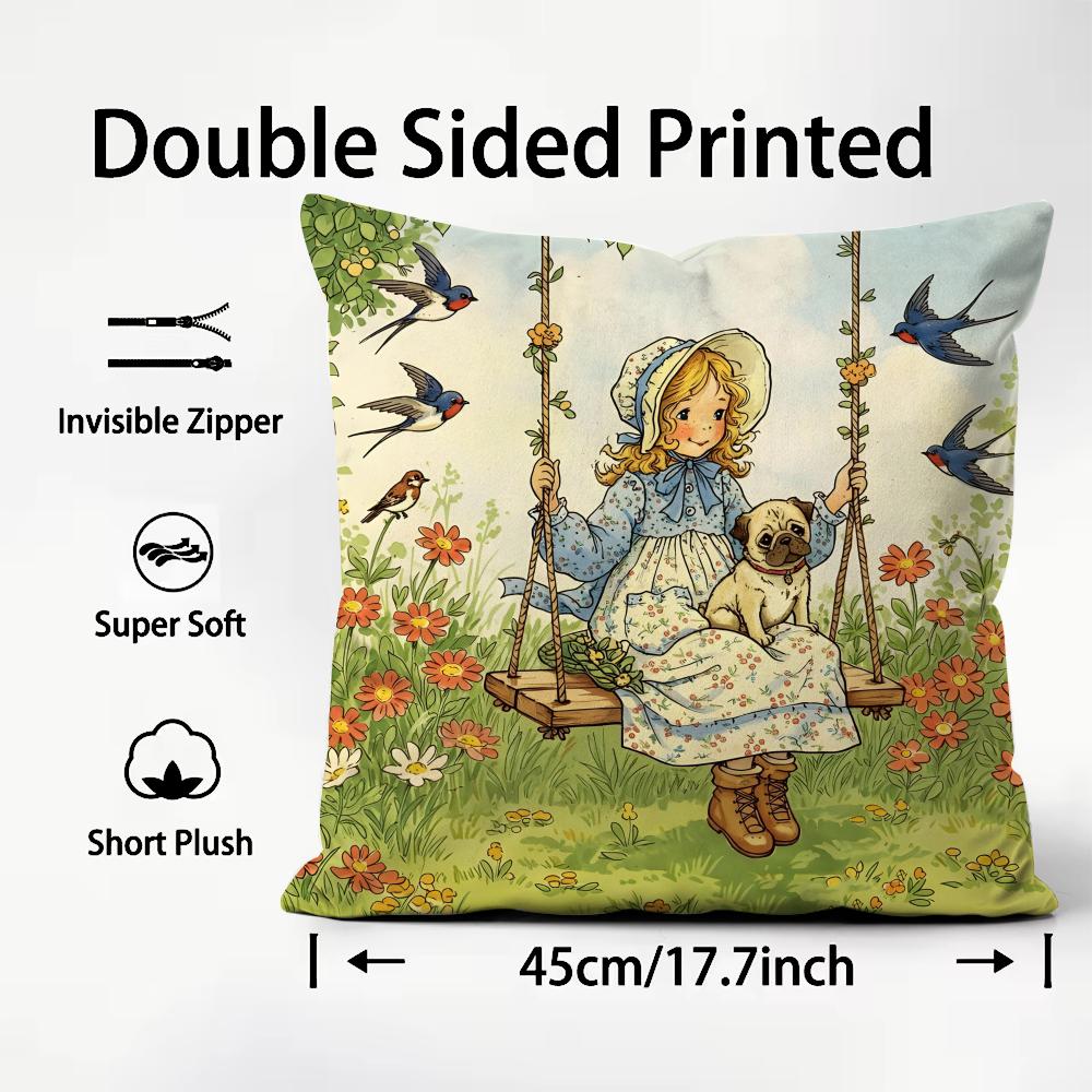 Umění Sarah Kay Dívka na houpačce Povlak na polštář Plyšová látka Měkký Oboustranně tištěný Pohovka Teplý Zimní Domov Dětský dárek Povlak na polštář